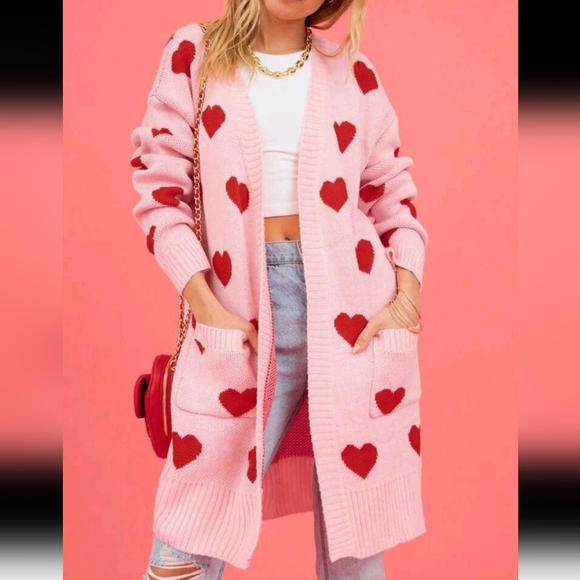 Women Open Front Long Cardigans Duster Sweaters Valentine's Day Heart Print Ligh - Picture 2 of 5